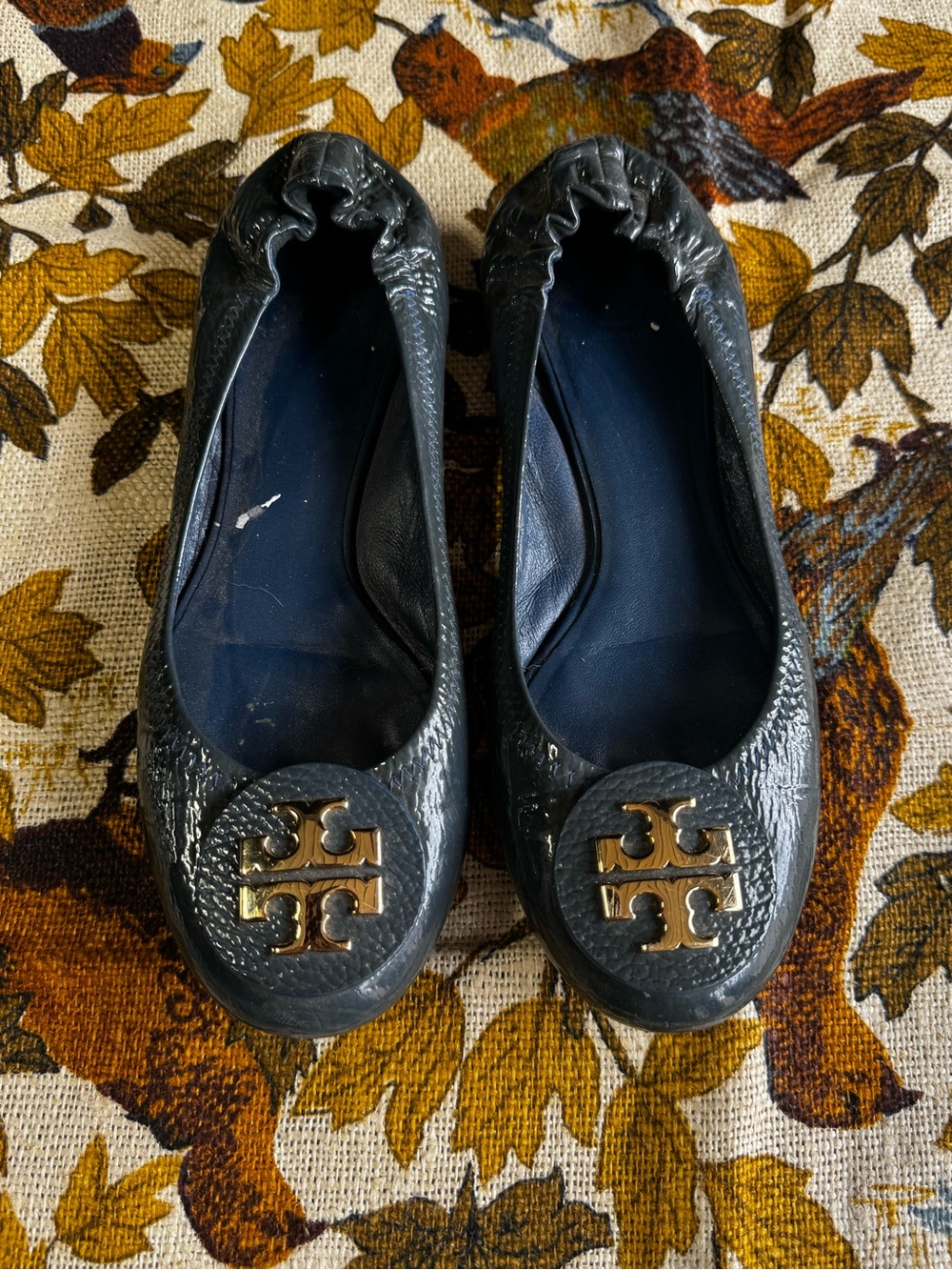 Tory Burch Women’s Navy Leather Ballet Flats with Gold Logo